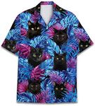 Funny Horse Hawaiian Shirts for Men Women, Love Horse Racing Hawaiian Summer Short-Sleeve Casual Relaxed-Fit Button-Down, Tropical Black Cat 2, Large