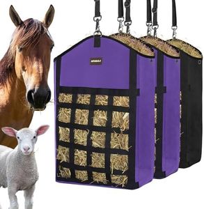 MIYABALA Hay Bags for Horses,3 Packs Slow Feed Hay Bags for Goats,Sheep,Donkey,Premium Oxford Hay Feed Bags with Front Hay Nets Design, Easy to Fill and Hang with Large Opening (2Purple + 1Black)