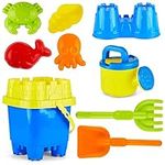 PREXTEX 10 Piece Beach Toys Sand Toys Set for Kids, Bucket with Sifter, Shovel, Rake, Watering Can, 5 Animal and Castle Sand Molds for Kids & Toddlers