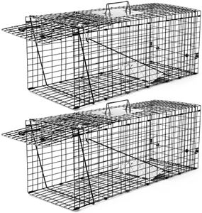 Qualirey 2 Pack Live Animal Trap Cage 17 x 7.09 x 8.27 Inch Cat Trap Cage, Foldable Steel Humane Catch and Release Animal for Groundhog Squirrel Raccoon Mole Gopher (Black)
