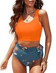 Bsubseach Two Pieces Bikini Sets for Women Lace Up High Waist Bathing Suit Scoop Neck Swimsuit Orange L