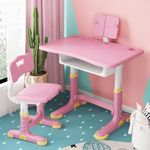 LET'S PLAY Polypropylene Kids Study Desk And Chair Set, Multifuncational Study Table 2-15 Years Kids With Height Adjustable (Pink, Plastic)