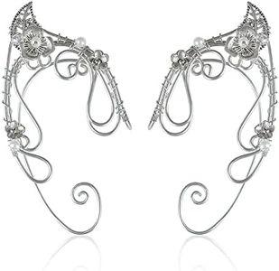Elven Ear Cuffs for Women, Handmade Elf Fairy Earrings Cuff Wrap Clip-on Filigree Earrings for Fantasy Fairy Halloween Costume, Cosplay, Wedding, Handcraft (Silver), Metal, beads