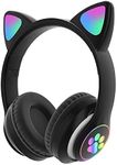 Happy Hues® Wireless Headphones- Cute Cat Ear Headset with LED Lights, Noise Cancelling Stereo Gaming Headphones, Fashion Bluetooth (5.0) Headset Wearing for Kids and Adults (Black)