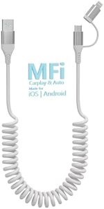 2 in 1 USB C and Lightning Cable [MFi Certified] 60W Fast Charging & Data Sync Apple CarPlay & Android Auto,Coiled Multi Charging Cable Combo Lightning/Type C for iPhone/Android/iPad/Laptop-White