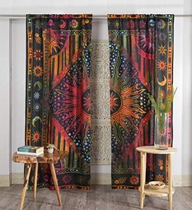 Bless International Beautiful Indian Bohemian Psychedelic Hippie Burning Sun Window Curtain Panels for Bedroom, Living, Balcony (Golden Tie Dye (25x74 Inches)(63.5x188 Cms))