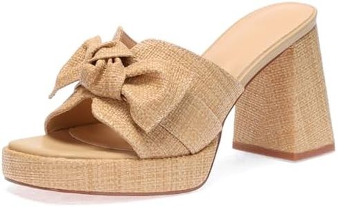 Monrovia Women's Raffia Platform Slide Heels – Chunky Bow Block Heels, Open Toe Summer Dressy Heeled Sandals Apricot Size 8