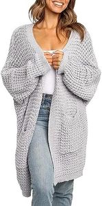 MEROKEETY Women's Oversized Long Batwing Sleeve Cardigan Waffle Knit Sweater Coat, Lightgrey, Small