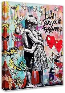 Banksy Graffiti Pictures for Living Room Little Boy and Girl Street Paintings 1 Pieces Canvas Colorful Pop Wall Art Modern Artwork Home Decor Giclee Framed Stretched Ready to Hang 12x16inch