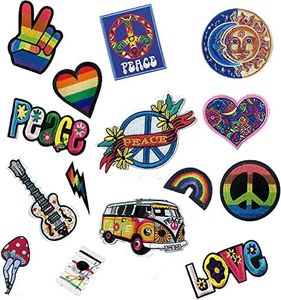 Joynaamn 14 PCS Iron on Patches for Clothing, Embroidered Decoractive Applique with Sewing Kit for Backpack Jackets Jeans Shirt, Sew on DIY Vintage Patches for 1970s Party, Hippie Aesthetic
