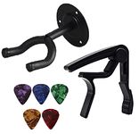 MUSTANG Acoustic Guitar Wall Mount Metal Body Guitar Display Bracket Hanger Hook Holder Stand and Quick Change One Handed Trigger Metal Alloy Guitar Capo with 5 Picks for Ukulele