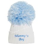 Soho Fashions Luxury British Made Baby Boy Mummys Boy Daddys Boy Cute Decorative Frilly Knitted Pom Pom Newborn Baby Hats (Small (0-3 Months), Mummys Boy (White Blue))