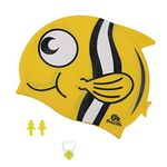 Primalite Swim Caps for Kids- Aged 3-12, Happy Fish Cartoon Design, Silicone Waterproof Comfy Bathing Cap Swimming Hat for Long & Short Hair, Waterproof Stretchy for Children, Boys & Girls- Yellow