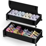 Idybland 2 Pack 60L Under bed Storage,Extra Large Rolling Metal Frame UnderBed Storage Boxes on Wheels,Dust-Proof Underbed Storage Drawer with Lid for Clothes, Blankets, Shoes and Toy（Black）