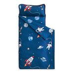 Wake In Cloud - Toddler Nap Mat with Pillow and Blanket, for Kids Boys Girls in Daycare Preschool Kindergarten, Cute Soft Roll Up Sleeping Bag, Space Rockets Navy, Standard Size