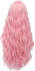 Probeauty Long Pink Wig Light Pink Wig for Women Synthetic Heat Resistant Curly Wave Cosplay Wig for Halloween Costume