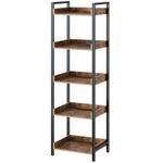 Rolanstar Bookshelf, 5-Tier Storage Rack, Narrow Display Freestanding Bookshelves, Wooden Freestanding Shelf Units, Side Corner Bookshelf for Living Room, Bathroom, Balcony, Kitchen, Rustic Brown