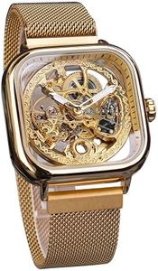 FORSINING Automatic Watches Mechanical Wrist Watch Golden for Mens Skeleton Watches with Stainless Steel Transparent Dial with Royal Flower Movement Carving, Golden, Mechanical