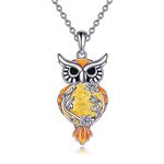 YAFEINI Moonstone Owl Necklace Gifts Sterling Silver Filigree Owl Pendant Necklace Mothers Day Christmas Jewellery Gifts for Women Girls (Amber owl necklace)