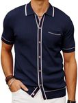 PJ PAUL JONES Men's Short Sleeve Knit Polo Shirt Vintage Button Down Golf Polo, Navy Blue, X-Large