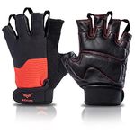 XTRIM One Size Fits All Leather Gym Gloves for Men, in-Built Towel, Half-Finger Length with Pullers, Gloves for Professional Weightlifting, Fitness Training and Workout (Black & Red)