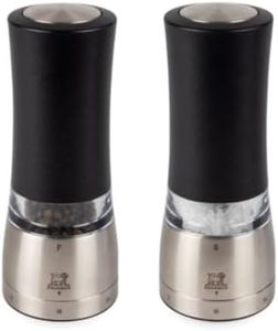 PEUGEOT - Duo Moulin à Poivre + Sel Électriques Daman u'Select Zilrion 16cm - 6 Réglages De Moutures Prédéfinies -Grains De Poivre/Sel Gemme Inclus - Aluminium - Designé En France - Coloris Noir Irisé