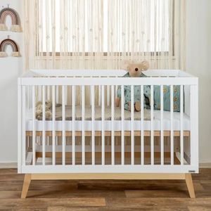 dadada Baby Soho 3-in-1 Convertible Crib – Made in Italy, GREENGUARD Gold, Adjustable Mattress Height, Solid Beechwood – Baby-Safe Finish, Modern Design 53.15 x 29.95 x 36.7 in (White + Natural)