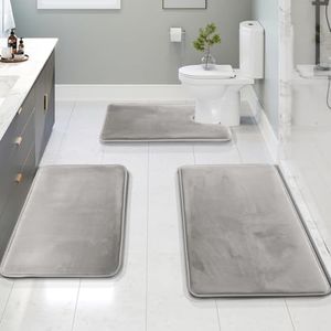 Clara Clark Bathroom Rugs Sets 3 Piece, Velvet Memory Foam Bath Mat - Non-Slip, Machine Washable Bath Rugs - Dries Quickly, Ultra Soft Bath Mats for Bathroom, Silver Bathroom Rug Set