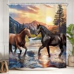 Newsely Horses Shower Curtain 60Wx72H Inch Mountain Sunset Lake Scenery Rustic Tree Woodland Farm Animal Shower Curtain Bathroom Set Nature Landscape Waterproof Bath Decoration Accessories Home Decor