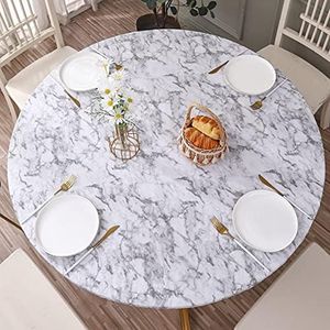 Round Vinyl Fitted Tablecloth with Flannel Backing Elastic Edge Design Table Cover Waterproof Oil-Proof PVC Table Cloth Stain-Resistant Wipeable for Round Table…