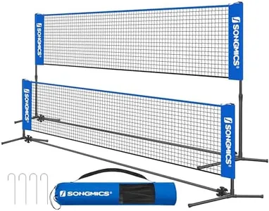 SONGMICS 13 ft Badminton Net, Height Adjustable Volleyball Net, Pickleball Net with Poles, Foldable Nylon Net for Tennis Indoor Outdoor Court, Blue Black USYQ400