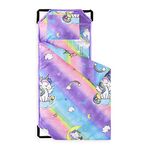 Wake In Cloud - Nap Mat with Pillow for Kids Toddler Boys Girls, Fit Preschool Daycare Sleeping Cot with Elastic Corner Straps, Colorful Unicorns Rainbow, 100% Soft Microfiber