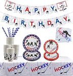 Hockey Party Supplies - Ice Hockey Themed Party Pack for Kids Hockey Fans Birthday Gameday Decor - Including Plates, Cups, Napkins, Tablecloth, Happy Birthday Banners, Serves 20