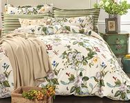 FADFAY - Floral Duvet Cover Set 100% Cotton Green Beige Striped Reversible 600 Thread Count Soft Hypoallergenic Duvet Cover with Zipper Duvet Cover and 2 Pillowcases