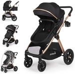 6-in-1 Convertible Baby Stroller with Bassinet Mode - Toddler Stroller w/Footmuff, Rain Cover, Cup Holder & Large Storage, Newborn Stroller w/All-Scene Large Wheels, Reversible Seat(Black)