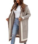 chouyatou Women's Color Block Vertical Striped Open Front Oversized Hooded Long Cardigan Sweaters with Pockets, Apricot Khaki, Medium