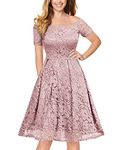 MISSMAY Women's Vintage Floral Lace Short Sleeve Boat Neck Cocktail Party Swing Dress (Medium, Pink)