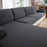 QIANMEW Couch Cushion Covers,Comfort Soft Magic Sofa Covers Washable Stretch Resistant for 3 Chair Cushion Couch Furniture Protectors for Pets Sectional Slipcovers(3-Piece+1 Chaise,Dark Gray)