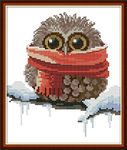 YEESAM ART Cross Stitch Kits Stamped for Adults Beginner Kids, Owl Red Scarf 11CT 24×28cm DIY Embroidery Needlework Kit with Easy Funny Preprinted Patterns Needlepoint Christmas (Owl 1)