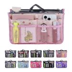 JJ PRIME - Multi Compartment Handbag Insert | Expandable Organizer | Pink Tote Divider With 13 Pockets (Cherry, Pink)