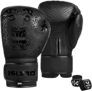 Islero Fitness Matte Black Boxing Gloves Men Punch Bag Women MMA Muay Thai Martial Arts Kick Boxing Sparring Training Fighting Gloves with Hand Wraps (Black, 14 OZ)