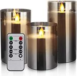 Led Flameless Candles, Battery Operated Flickering Candles Pillar Real Wax Moving Flame Electric Candle Sets Gold Glass Effect with Remote Timer, 4 in, 5 in, 6 in, Pack of 3 (Grey Glass)