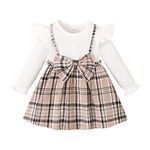 Qiraoxy Baby Girl Dress Ruffle Long Sleeve Bow False Suspender Dresses Ribbed Knit Dress Splicing Strap Plaid Skirt Toddler Girl Spring Clothes Outfits Khaki