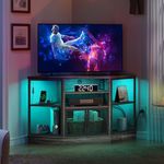 DWVO Corner TV Stand, Entertainment Center, TV Cabinet with Movable Partition, Power Outlet and LED Light Strip for Living Room, Grey