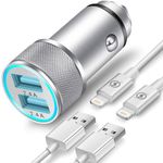 TIKALONG Car Charger Compatible with iPhone 13/12/11/Pro Max/Mini/XR/XS/X 8/7/6/6S Plus 5S/5C/SE2, iPad, AirPods, iPod (2.4A Dual Port USB Car Charger with 2X 3ft Charging Cable) (3in1 Pack)