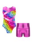 MSemis Kids Girls Metallic Sleeveless Ballet Dance Leotard Gymnastics Bodysuit with Shorts Set Starry Rainbow D 3-4 Years