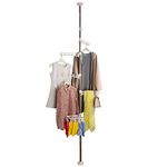 BAOYOUNI 4-Tier Standing Clothes Laundry Drying Rack Grament Coat Hanger Organizer Floor to Ceiling Adjustable Metal Corner Tension Pole Spce Saver with Socks Towel Clothespins, Ivory