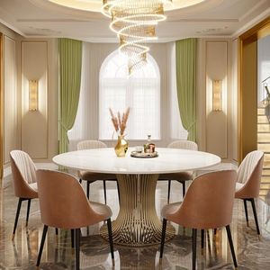 Tribesigns 59" Modern Sintered Stone Round Dining Table for 6-8, Luxury White Kitchen Table with Golden Stainless Steel Pedestal for Dining Room,Living Room (Only Table)