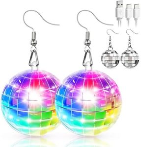 Apeocose [2-Pair] Disco Earrings, 16 Lighting Modes Type-C Rechargeable Fun Light Up LED & Mirrors Ball for 60's 70's 80’s Disco Dance Party Concert Rave Mardi Gras Women Outfits Costume Accessories