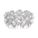 Ever Faith Austrian Crystal Cream Simulated Pearls Bridal Stretch Bracelet Clear Silver-Tone